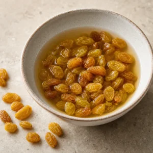 Golden raisins soaking in warm broth