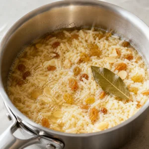Rice simmering with broth, golden raisins, and bay leaf