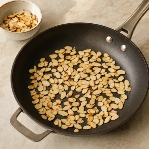Sliced almonds toasting in a dry skillet