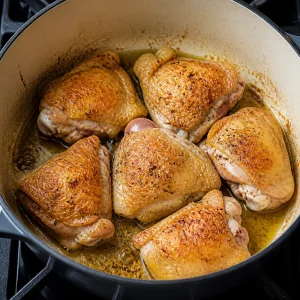 Chicken thighs browning in a Dutch oven