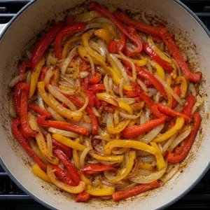 Onions and bell peppers softened in the pan