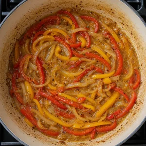 Peppers and onions simmering with white wine