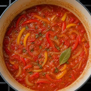 Tomato pepper sauce simmering with thyme and bay leaf
