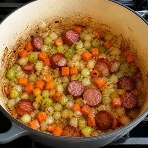 Diced onion, carrots, and celery softening with sausage