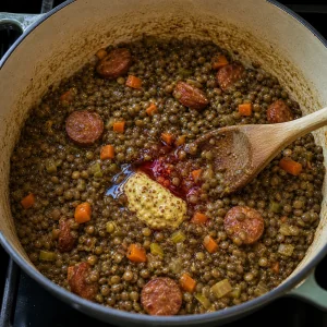 Dijon mustard and red wine vinegar stirred into cooked lentils