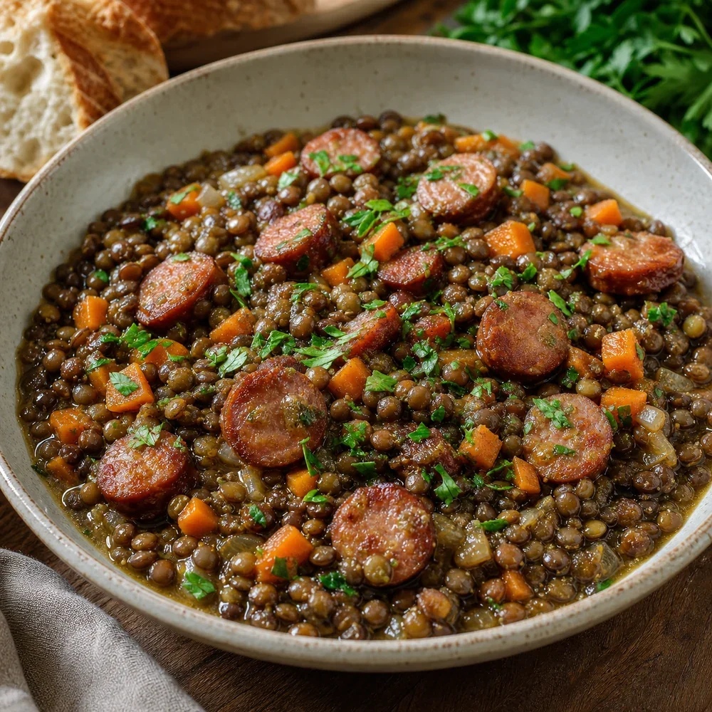 Finished French lentils with browned sausage and parsley