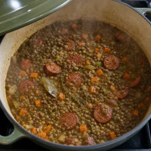 French lentils and sausage gently simmering