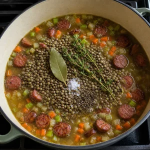Lentils, broth, bay leaf, thyme, salt, and pepper added to the pot