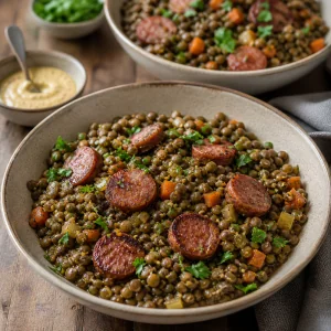Lentils served in bowls with parsley and browned sausage