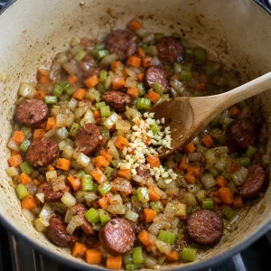 Minced garlic stirred into vegetables and sausage