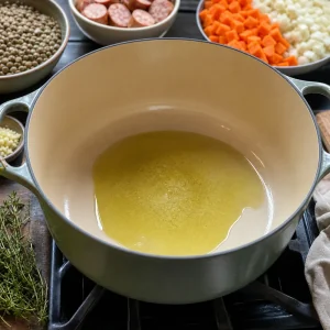 Olive oil heating in a Dutch oven