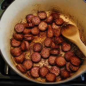 Sliced smoked sausage browning in the pot