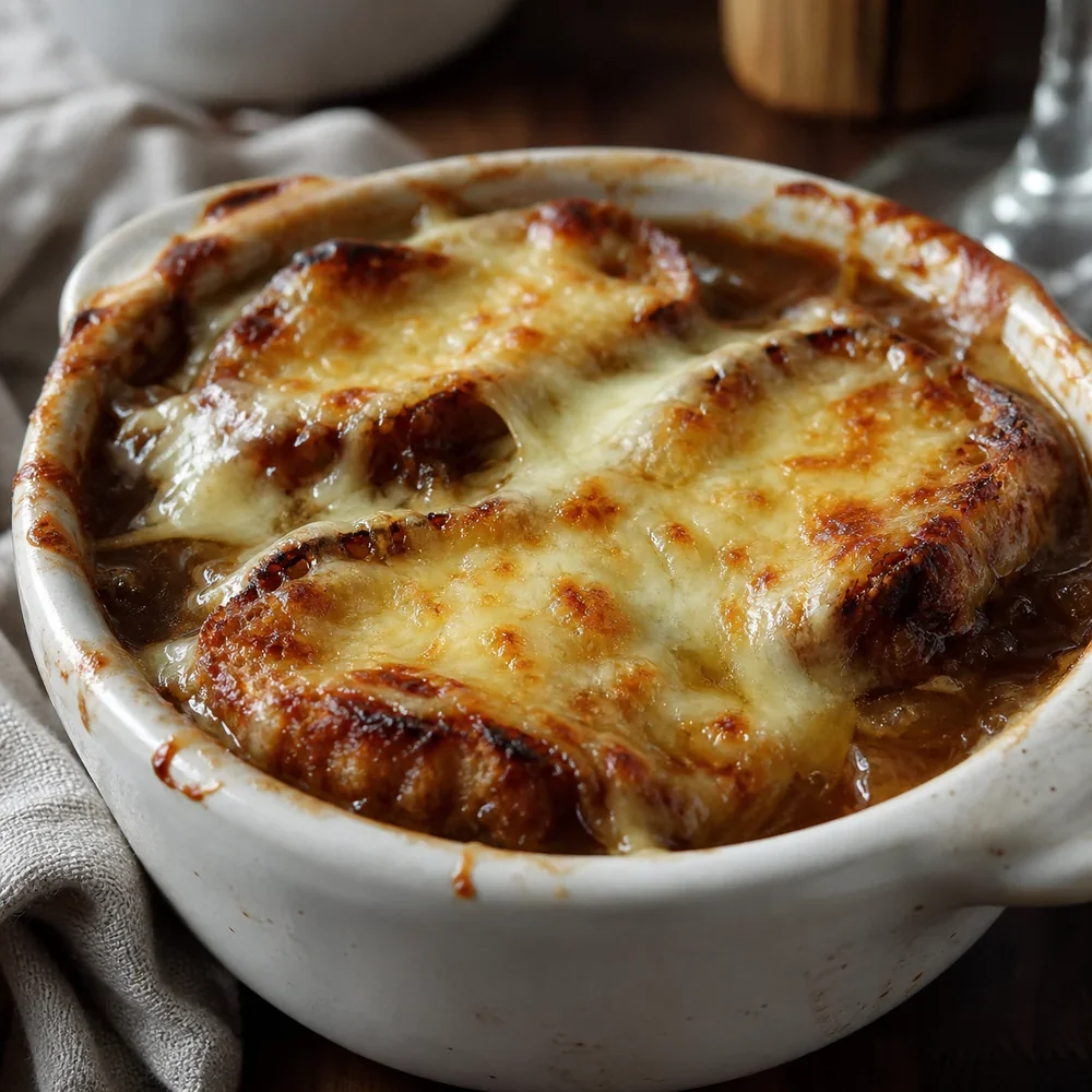 Готовый французский луковый суп с румяным сыром и гренками