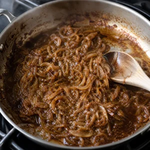 Caramelized onions simmering with reduced mushroom stock