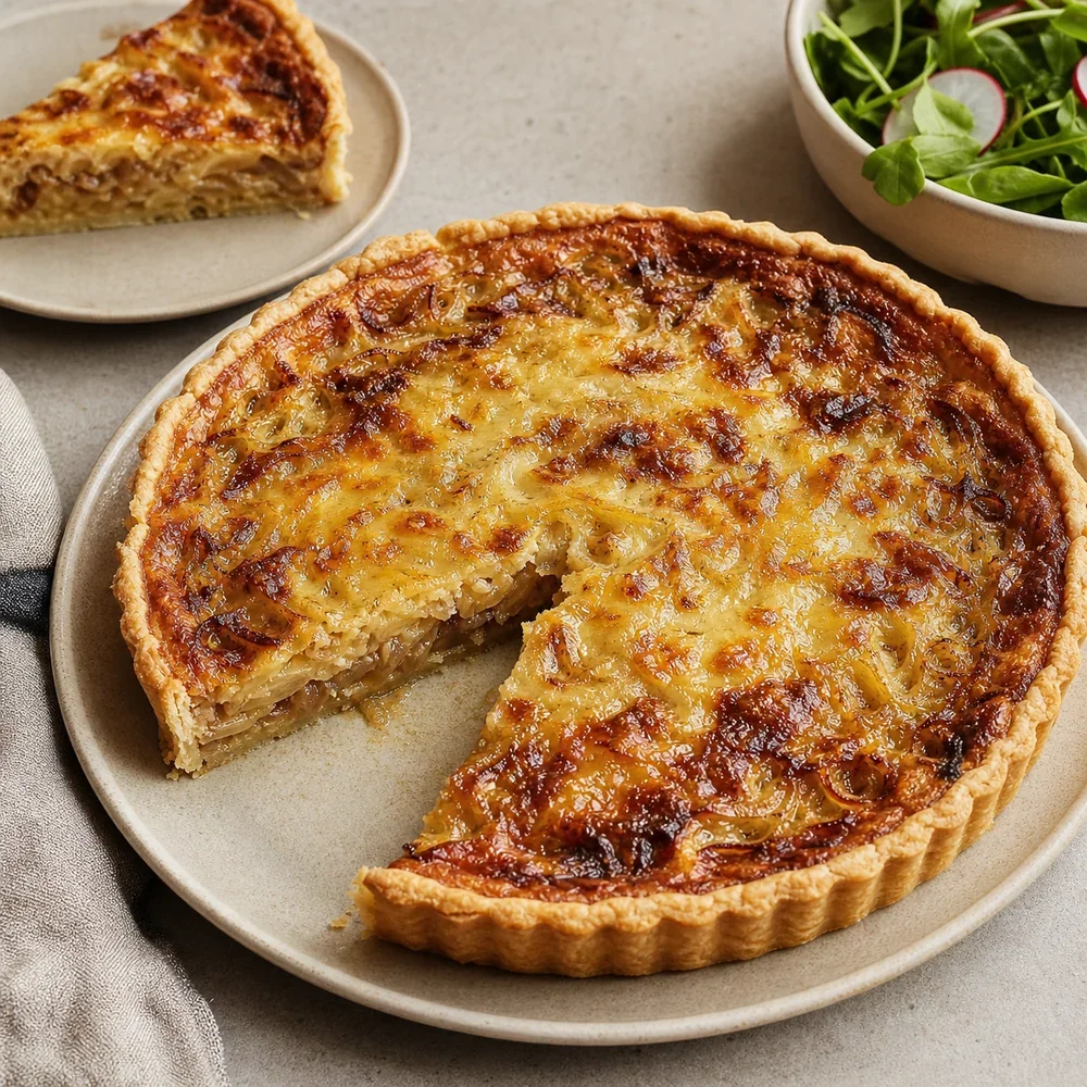Finished French onion tart with a slice removed beside green salad