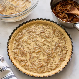 Onion cream filling spread inside a par-baked tart shell