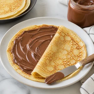 Hazelnut chocolate spread smoothed over half of a cooked crepe