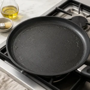 Lightly oiled crepe pan heating on the stovetop