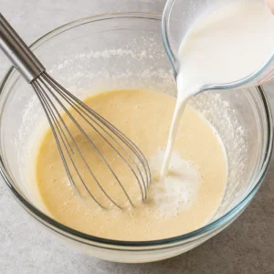 Milk and water poured into crepe batter while whisking smooth