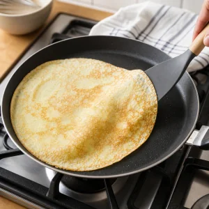 Thin crepe flipped with a spatula to cook the second side