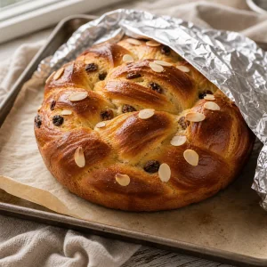 Deep golden braided Kozunak with almonds and foil nearby