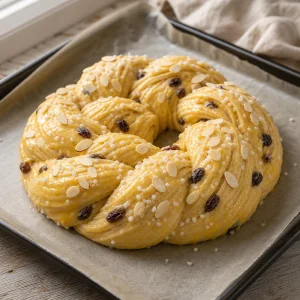 Egg-washed braid topped with almonds and coarse sugar