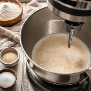 Foamy yeast blooming in warm milk in a mixer bowl