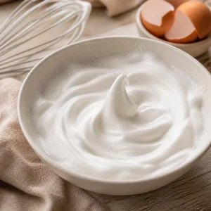 Glossy beaten egg whites holding soft peaks