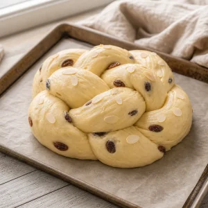 Puffy braided raisin loaf proofing on parchment