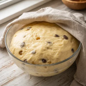Puffy raisin dough risen in an oiled bowl
