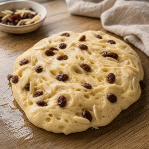 Raisins and slivered almonds folded into risen dough