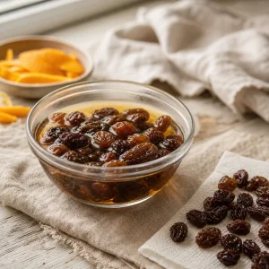 Raisins soaking in amber orange juice or rum