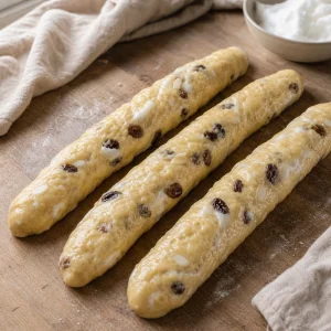 Three raisin dough ropes ready for braiding