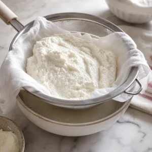 Ricotta escurriéndose en estameña sobre un bol para la masa de papanași sin gluten.