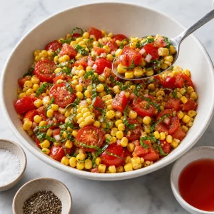 A spoonful of corn tomato basil salad lifted from the bowl
