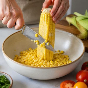 Corn kernels being sliced from an upright cob into a bowl