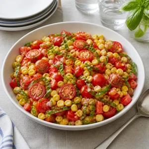 Corn tomato basil salad ready to serve in a shallow bowl