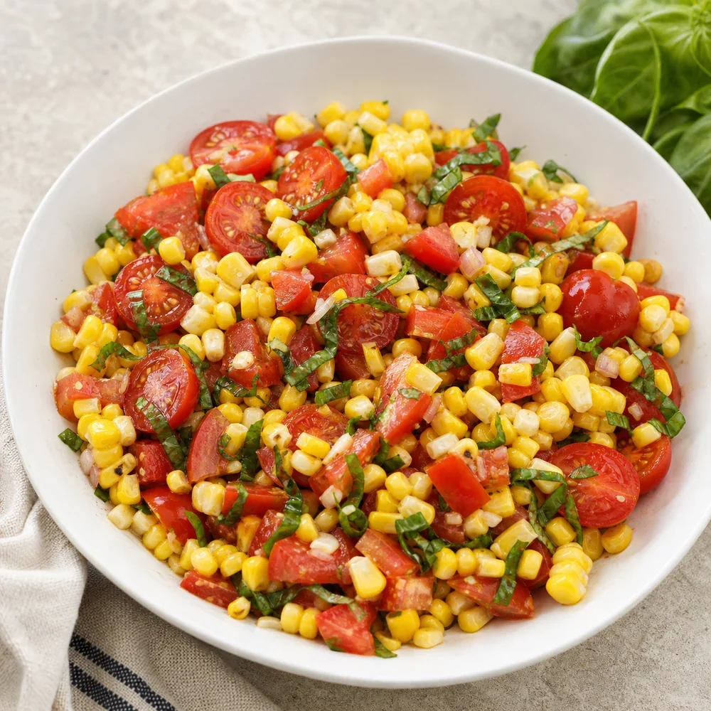 Finished corn and tomato salad with basil in a white bowl