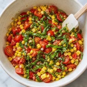 Fresh basil ribbons scattered over dressed corn and tomato salad