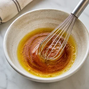 Olive oil and red wine vinegar being whisked in a small bowl