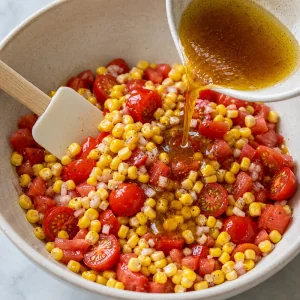 Vinaigrette being poured over corn and tomato salad