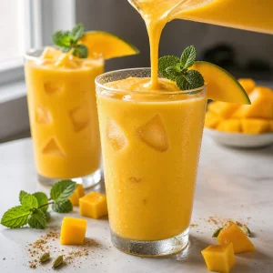 Lassi al mango cremoso versato in bicchieri freddi con menta e mango