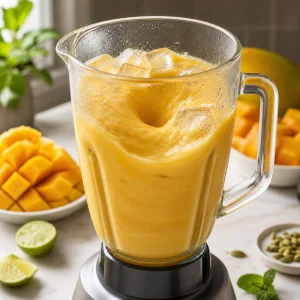 Lassi al mango cremoso che vortica con ghiaccio nel frullatore