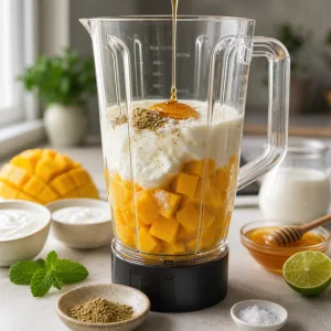 Mango, yogurt, miele, cardamomo, lime e sale nel frullatore