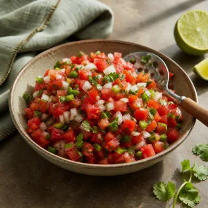 Bol de pico de gallo frais avec cuillère perforée, citron vert et coriandre