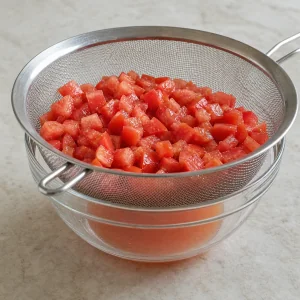 Tomatenwürfel tropfen über einer Schüssel mit aufgefangenem Saft ab