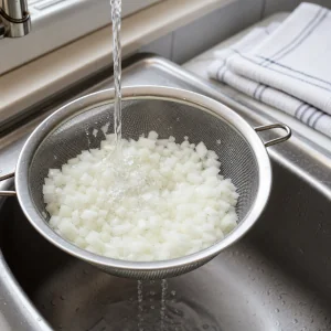 Fein gewürfelte weiße Zwiebel wird in einem Sieb kalt abgespült