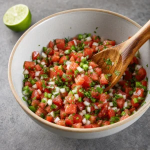 Frischer Pico de Gallo wird vorsichtig mit einem Holzlöffel vermengt