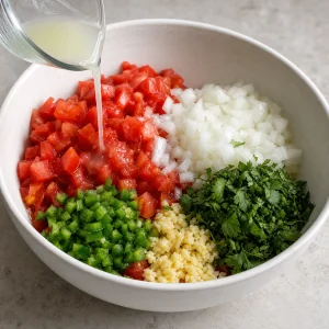 Zutaten für Pico de Gallo in einer Schüssel beim Zugeben von Limettensaft