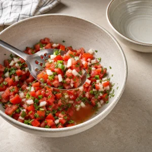 Durchgezogener Pico de Gallo auf einem Schaumlöffel über abgetropfter Flüssigkeit